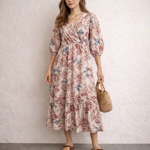 Floral Boho Midi Dress Puff Sleeve Tiered Romantic Prairie Cottagecore size XL